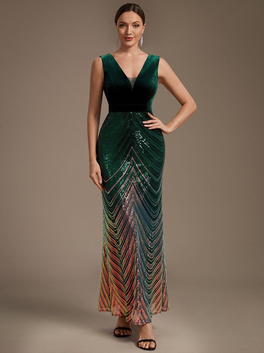 Robe sirène sans manches à décolleté en V maxi longueur avec fermeture éclair au dos #Couleur_Vert Fonce