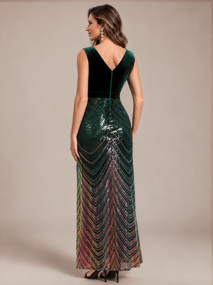 Robe sirène sans manches à décolleté en V maxi longueur avec fermeture éclair au dos #Couleur_Vert Fonce