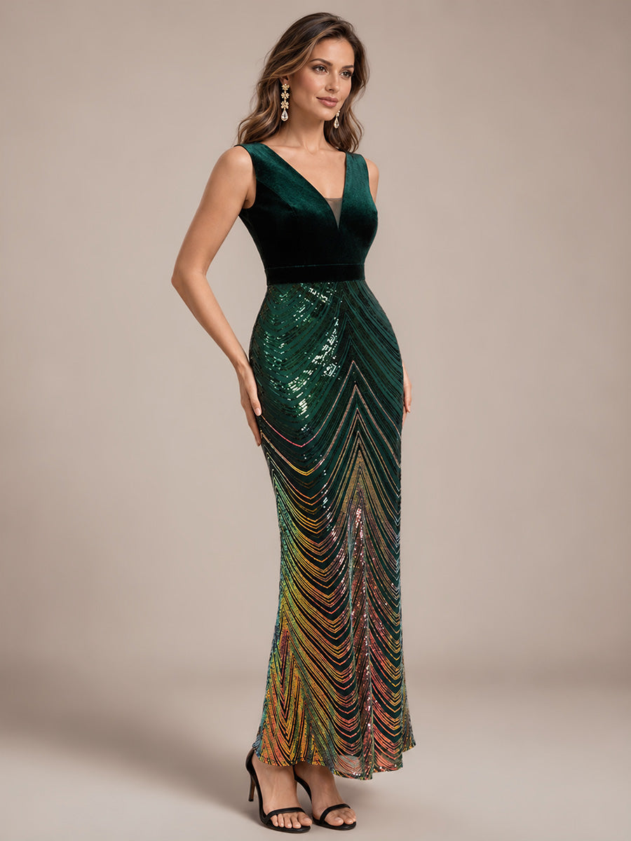 Robe sirène sans manches à décolleté en V maxi longueur avec fermeture éclair au dos #Couleur_Vert Fonce