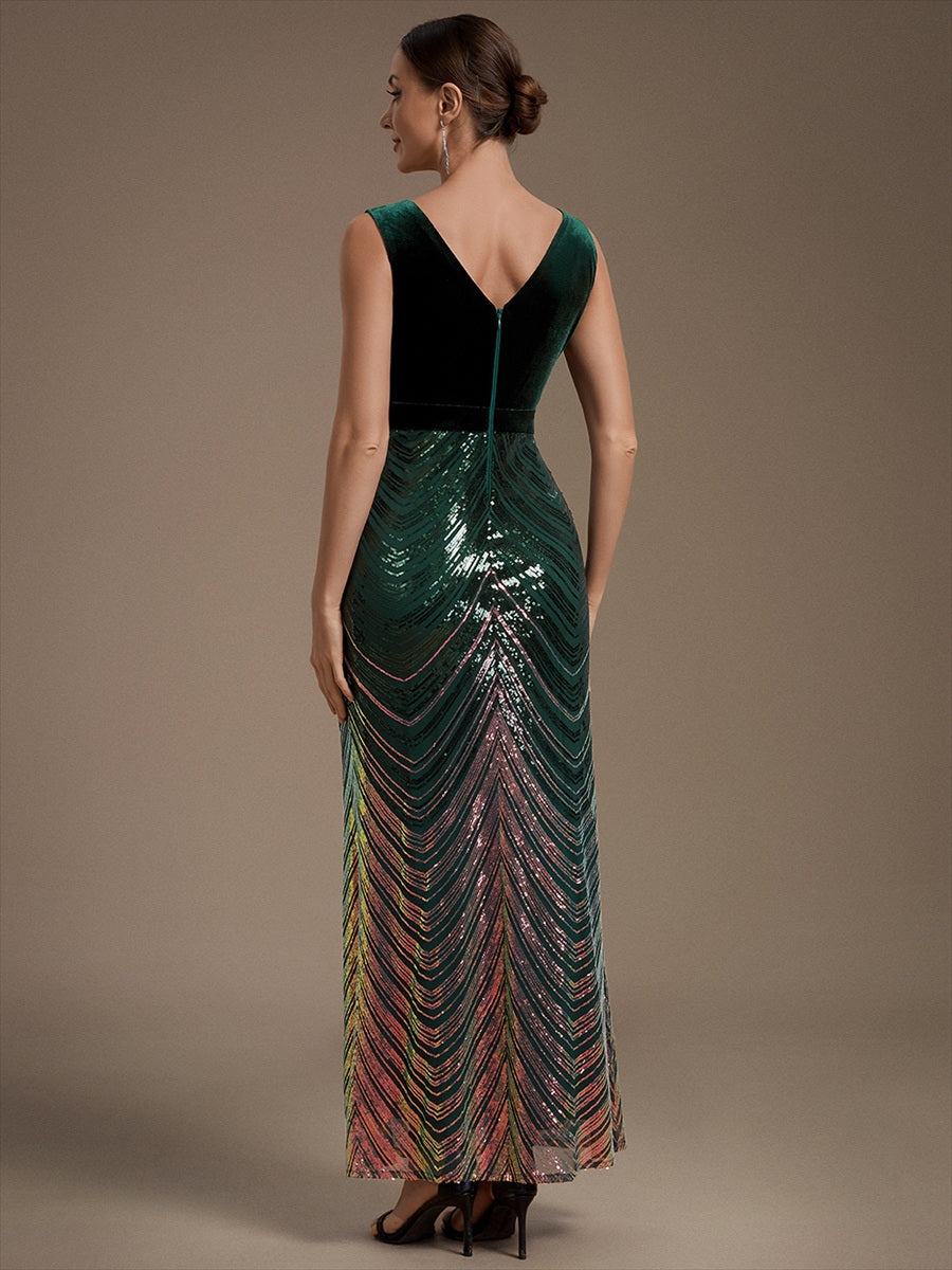 Robe sirène sans manches à décolleté en V maxi longueur avec fermeture éclair au dos #Couleur_Vert Fonce