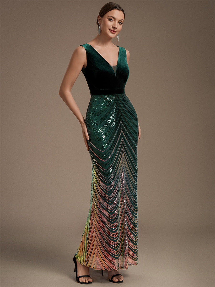 Robe sirène sans manches à décolleté en V maxi longueur avec fermeture éclair au dos #Couleur_Vert Fonce