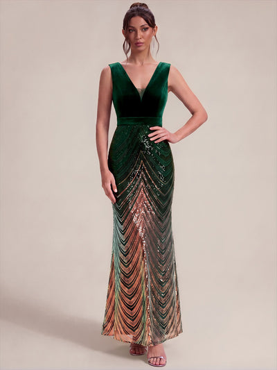 Robe longue sirène à paillettes dégradées avec col V