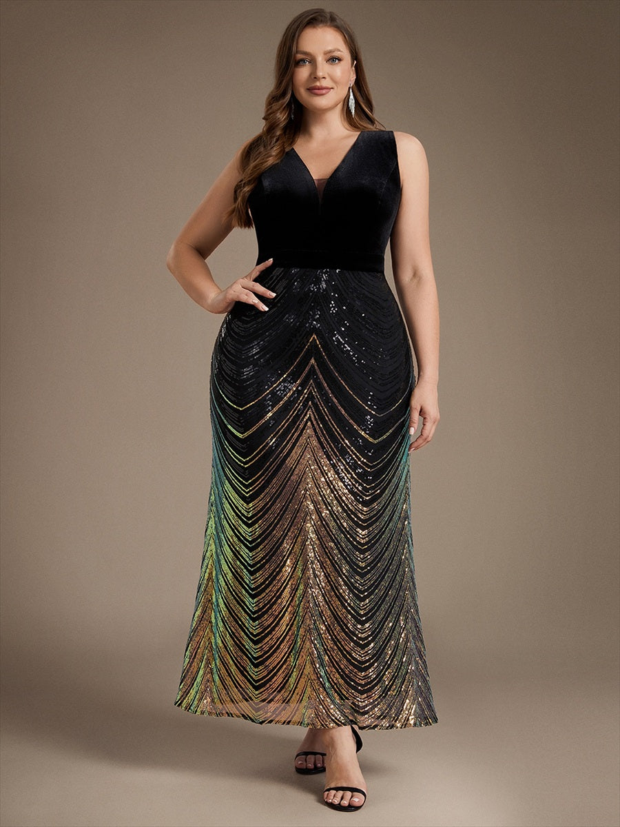 Robe sirène sans manches à décolleté en V maxi longueur avec fermeture éclair au dos #Couleur_Noir & Or
