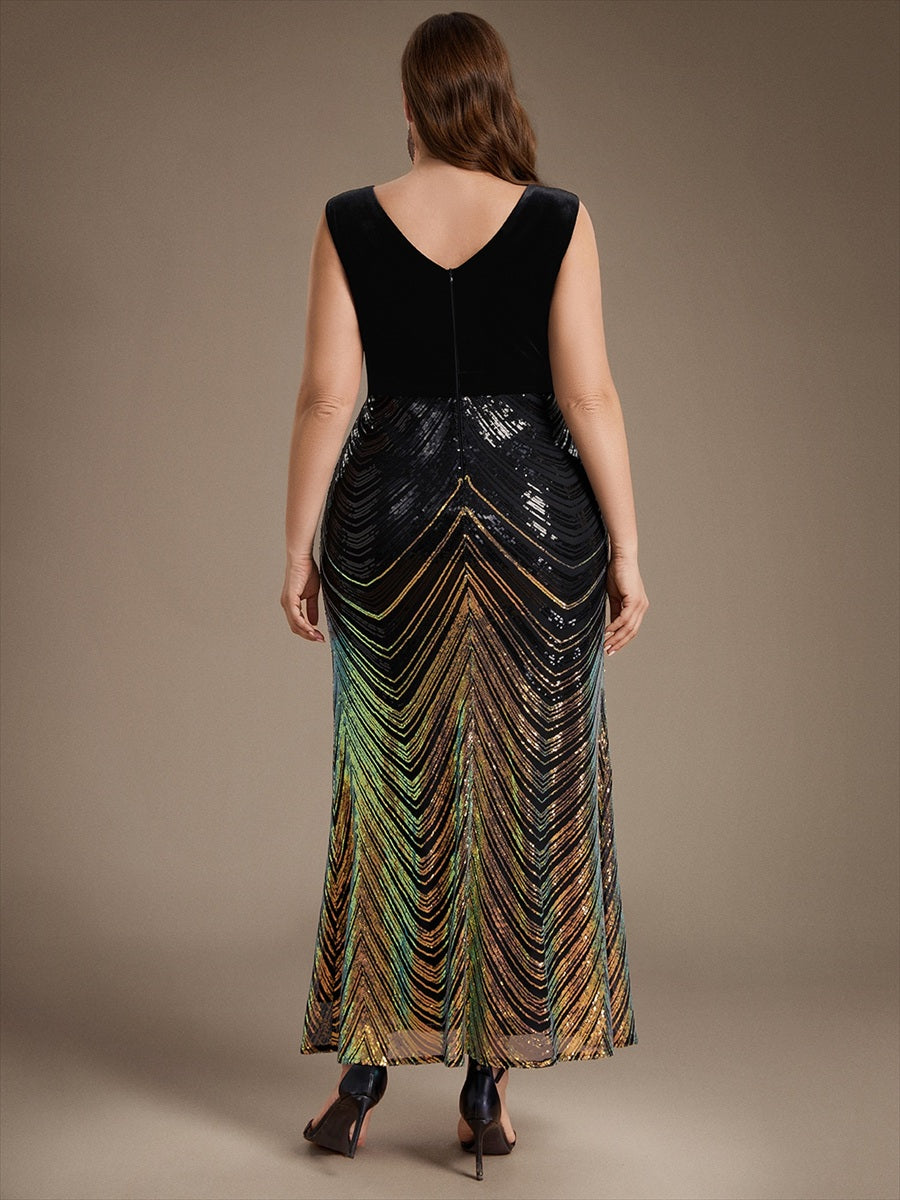 Robe sirène sans manches à décolleté en V maxi longueur avec fermeture éclair au dos #Couleur_Noir & Or