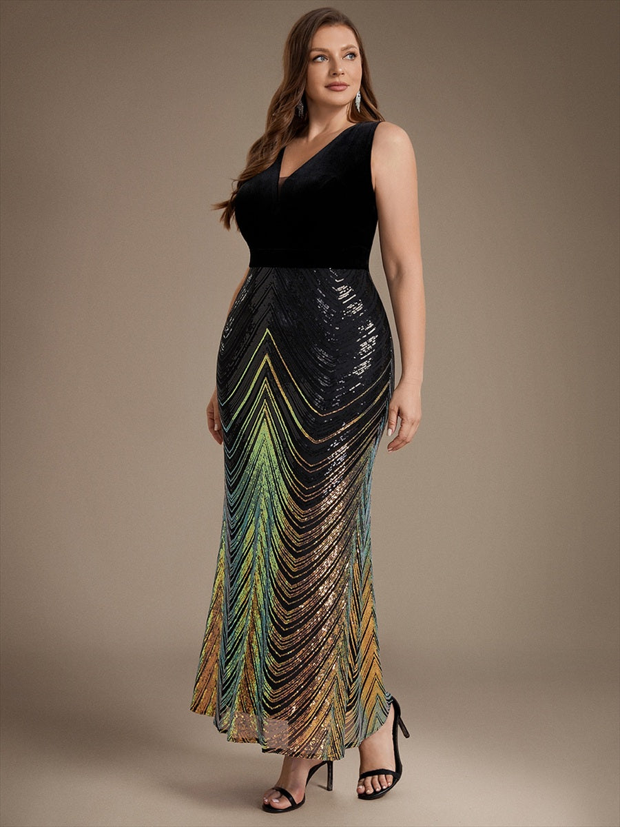 Robe sirène sans manches à décolleté en V maxi longueur avec fermeture éclair au dos #Couleur_Noir & Or