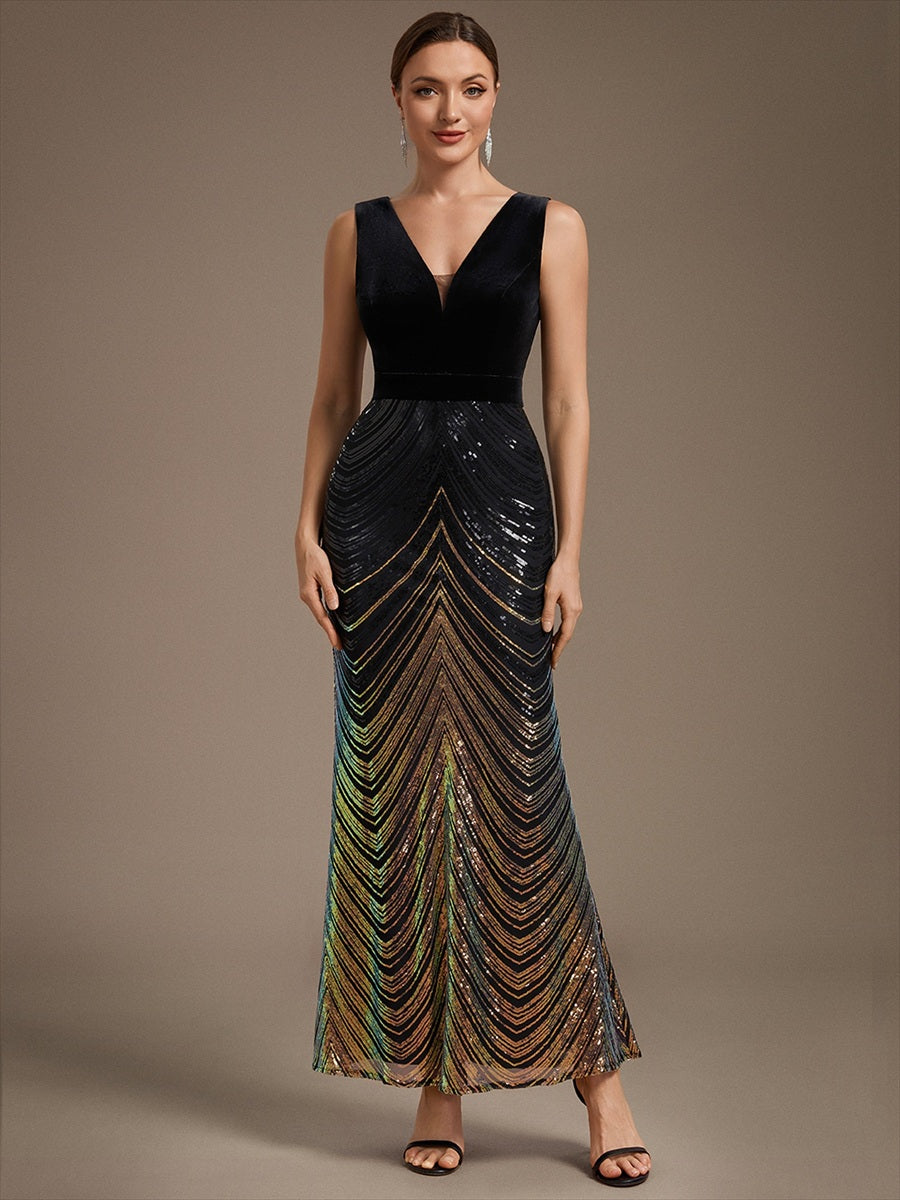 Robe sirène sans manches à décolleté en V maxi longueur avec fermeture éclair au dos #Couleur_Noir & Or