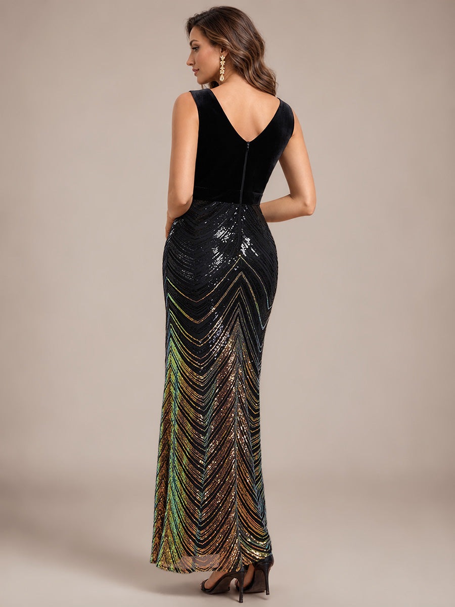Robe sirène sans manches à décolleté en V maxi longueur avec fermeture éclair au dos #Couleur_Noir