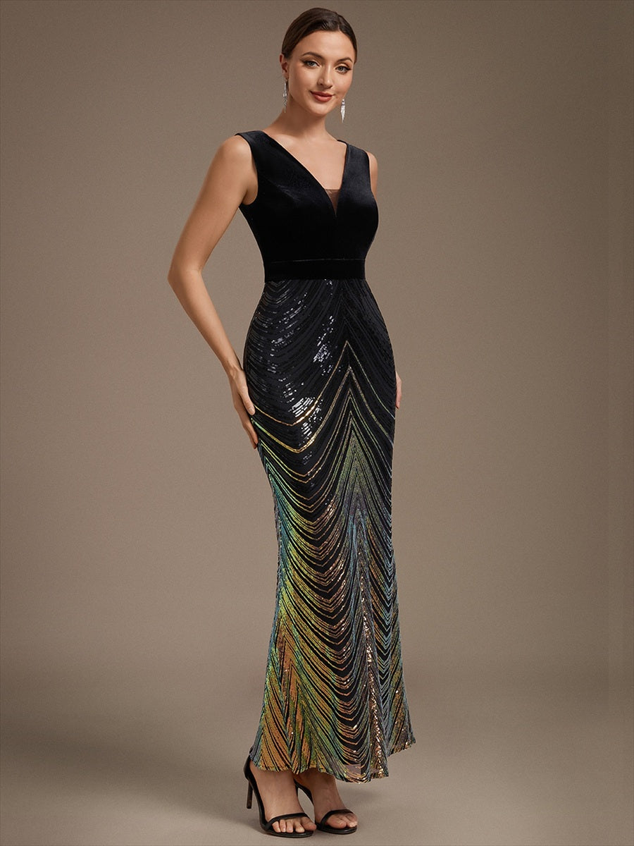 Robe sirène sans manches à décolleté en V maxi longueur avec fermeture éclair au dos #Couleur_Noir & Or