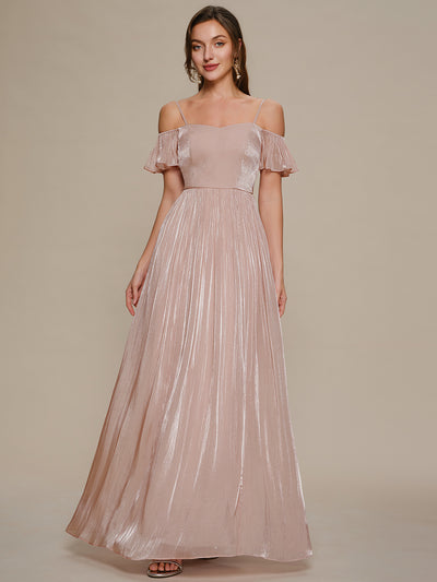 Robe longue évasée à manches courtes décolletée épaules nues