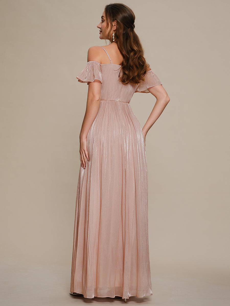 Robe longue évasée à manches courtes décolletée épaules nues #Couleur_Rose fumee