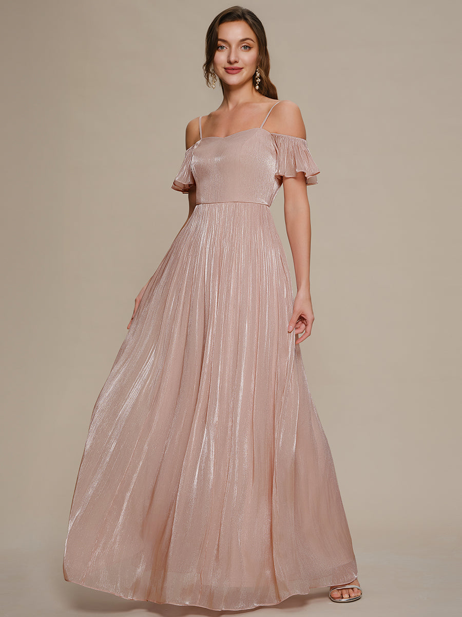 Robe longue évasée à manches courtes décolletée épaules nues #Couleur_Rose fumee