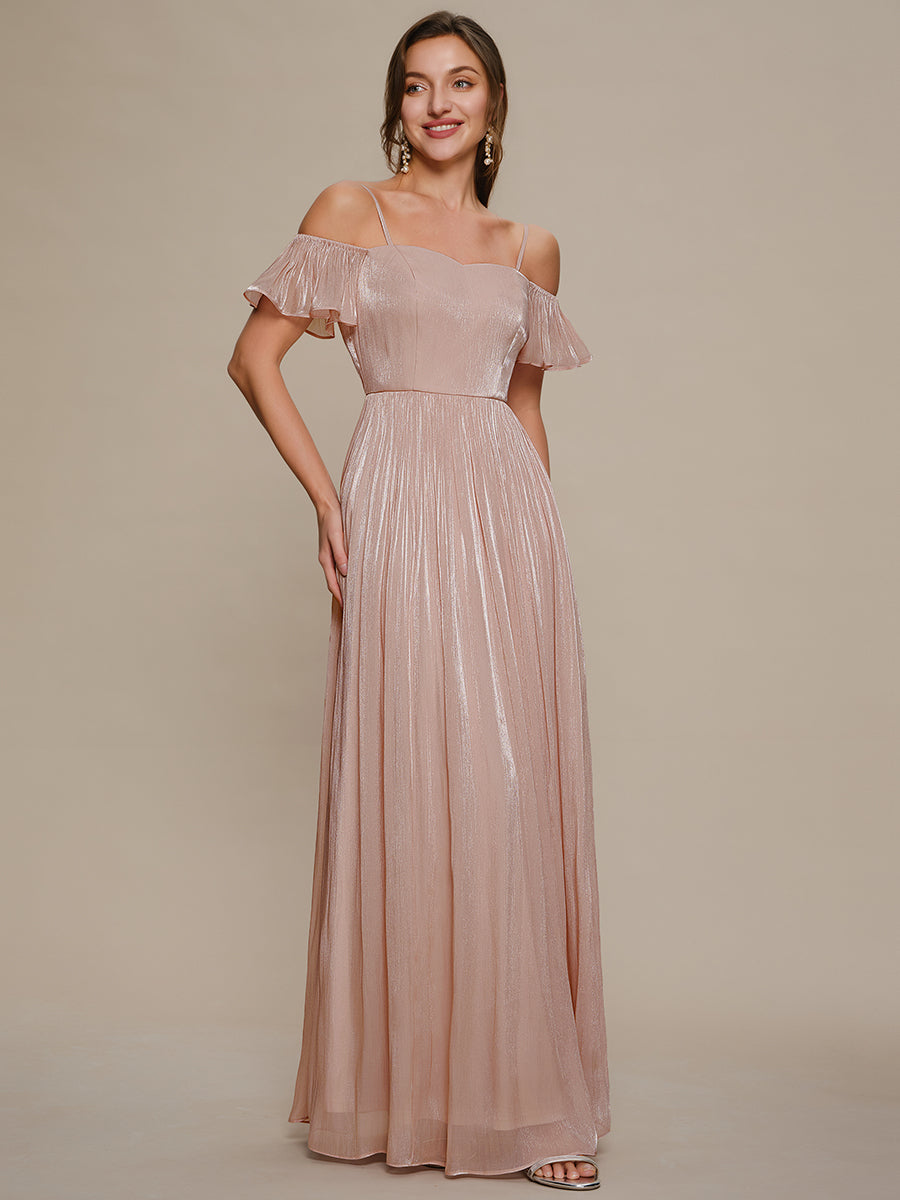 Robe longue évasée à manches courtes décolletée épaules nues #Couleur_Rose fumee