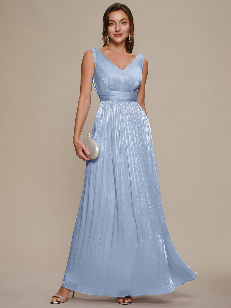 Robe longue évasée à encolure en V sans bretelles #Couleur_Marine Fume