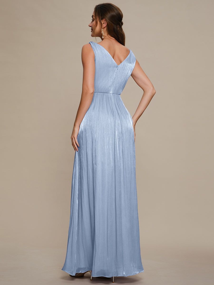 Robe longue évasée à encolure en V sans bretelles #Couleur_Marine Fume