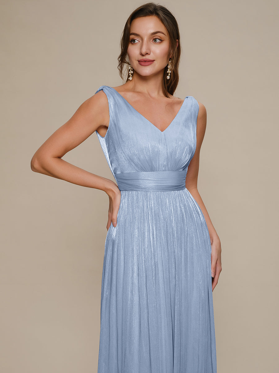 Robe longue évasée à encolure en V sans bretelles #Couleur_Marine Fume