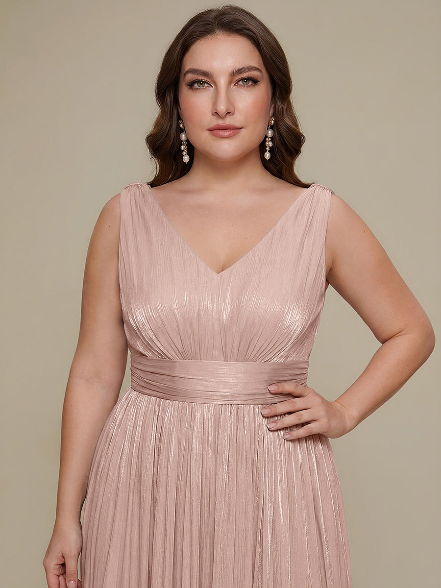 Robe longue évasée à encolure en V sans bretelles #Couleur_Rose fumee