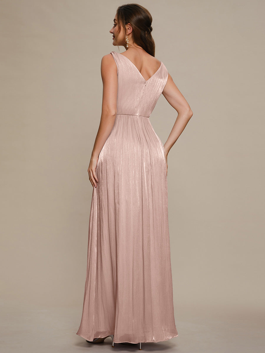 Robe longue évasée à encolure en V sans bretelles #Couleur_Rose fumee