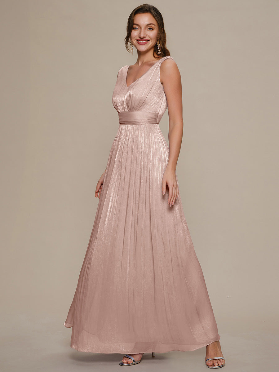 Robe longue évasée à encolure en V sans bretelles #Couleur_Rose fumee