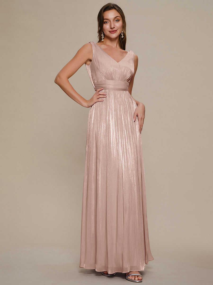 Robe longue évasée à encolure en V sans bretelles #Couleur_Rose fumee