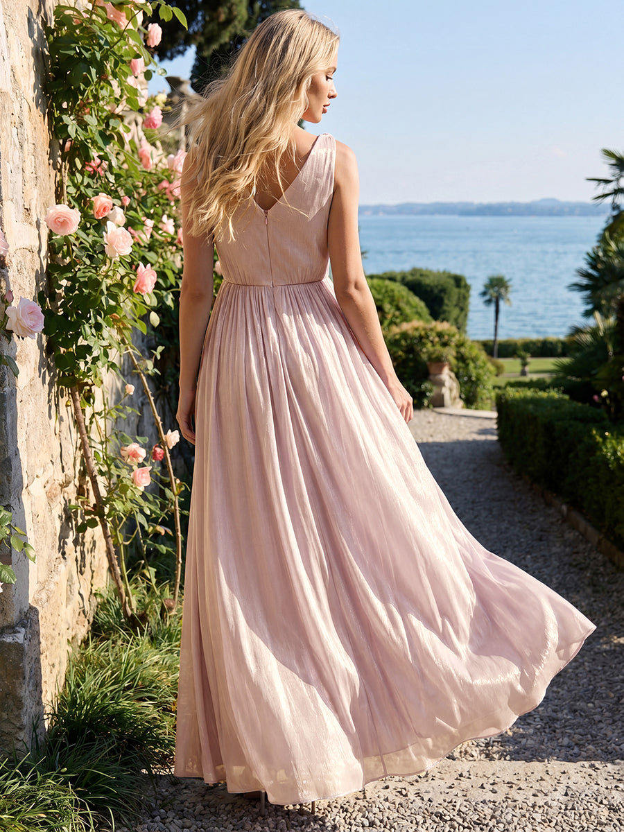 Robe longue évasée à encolure en V sans bretelles #Couleur_Rose fumee