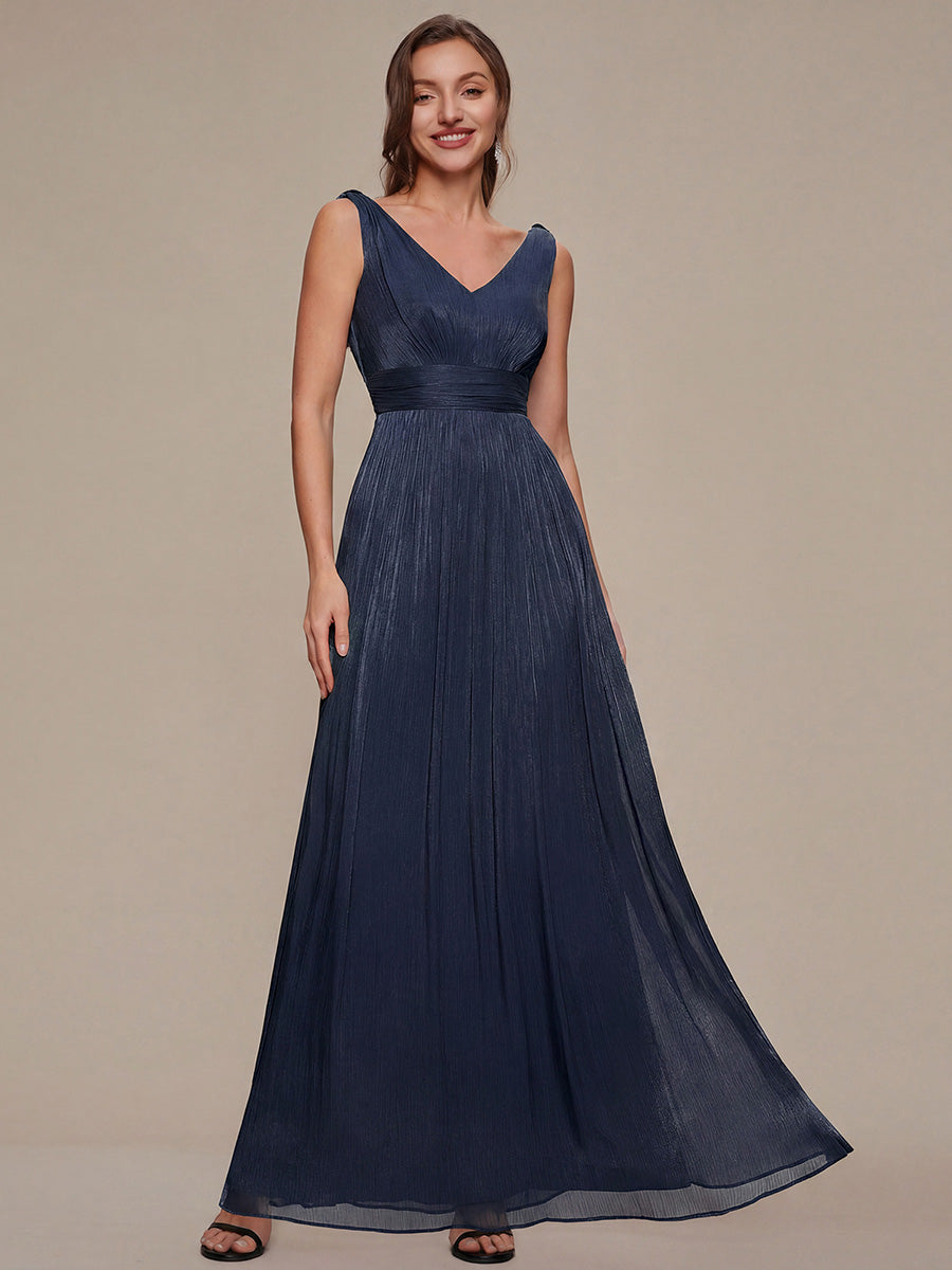 Robe longue évasée à encolure en V sans bretelles #Couleur_Bleu Marine