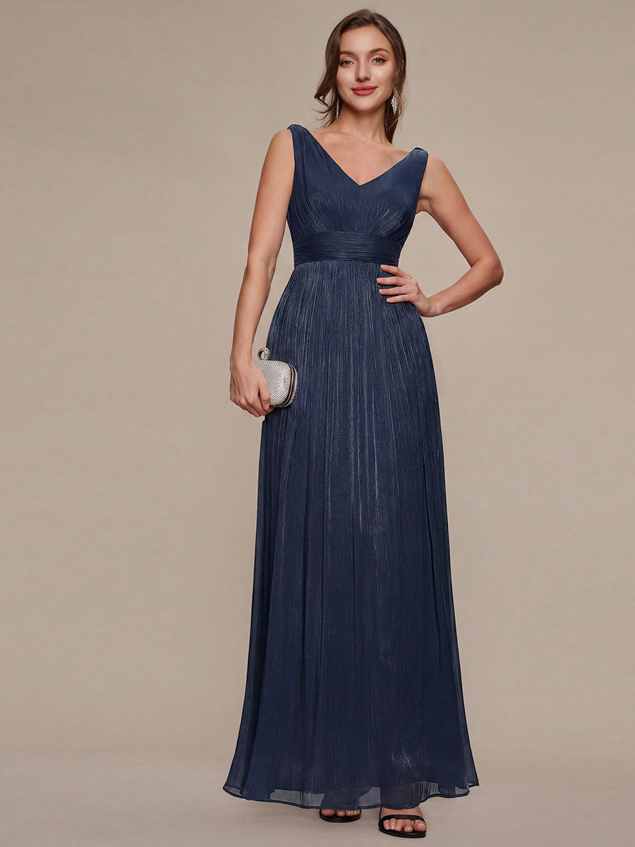 Robe longue évasée à encolure en V sans bretelles #Couleur_Bleu Marine