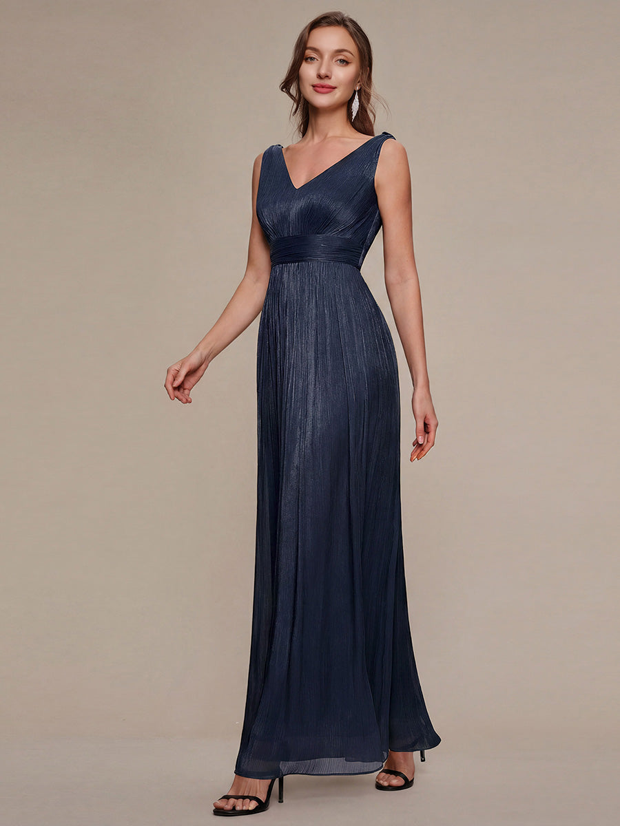 Robe longue évasée à encolure en V sans bretelles #Couleur_Bleu Marine