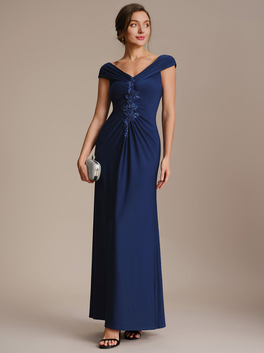 Robe longue moulante à encolure en V dénudée des épaules en tissu extensible #Couleur_Bleu Marine