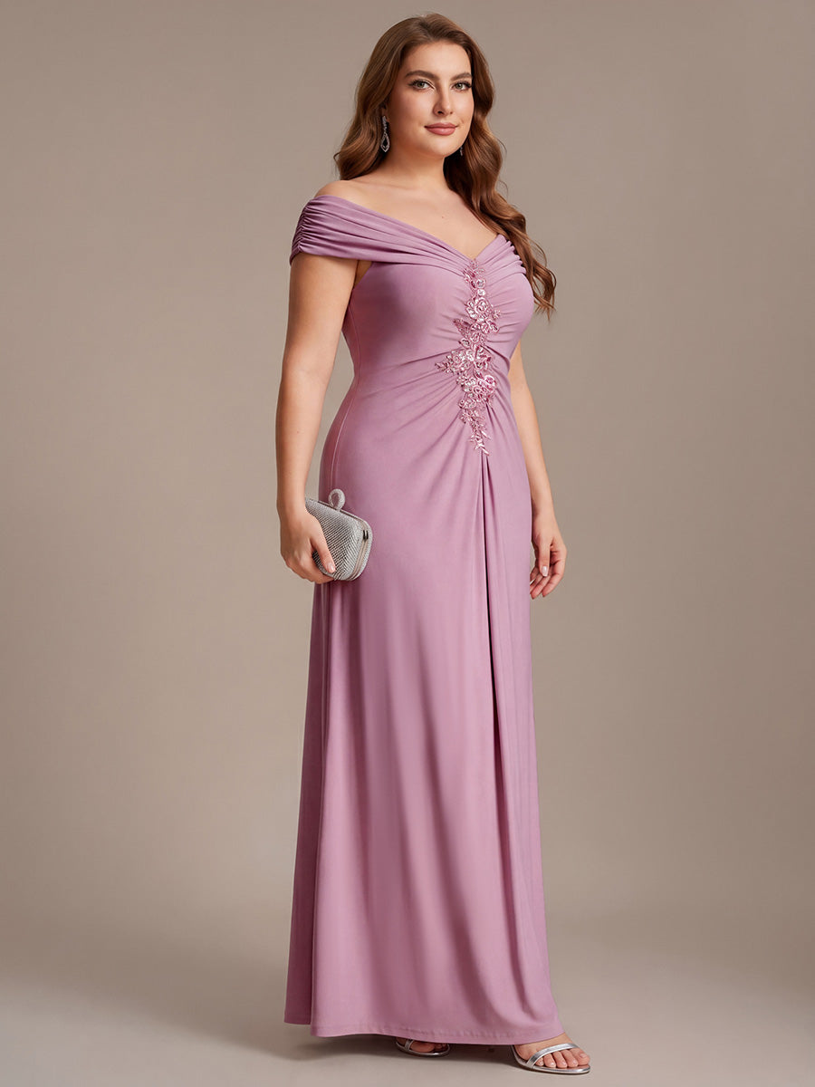 Robe longue moulante à encolure en V dénudée des épaules en tissu extensible #Couleur_Orchidee