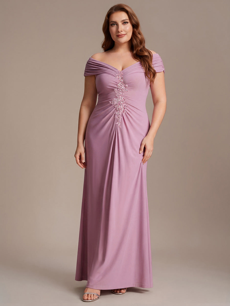 Robe longue moulante à encolure en V dénudée des épaules en tissu extensible #Couleur_Orchidee
