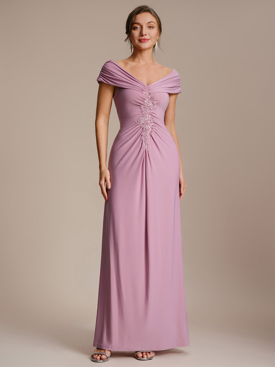 Robe longue moulante à encolure en V dénudée des épaules en tissu extensible #Couleur_Orchidee