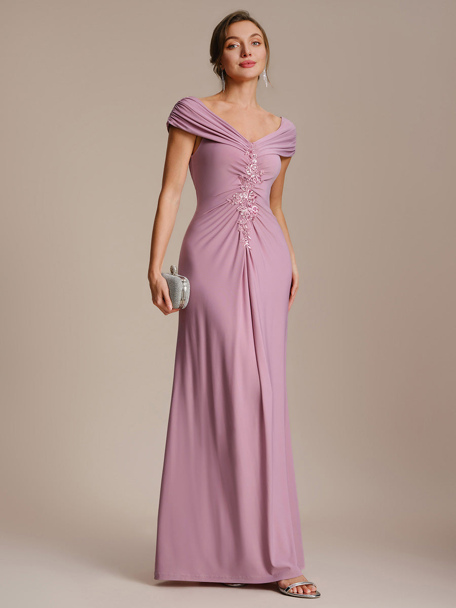 Robe longue moulante à encolure en V dénudée des épaules en tissu extensible #Couleur_Orchidee