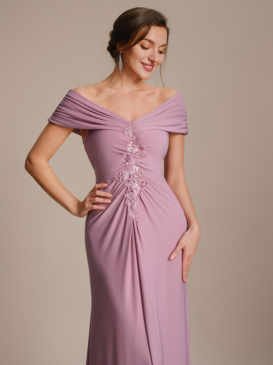 Robe longue moulante à encolure en V dénudée des épaules en tissu extensible #Couleur_Orchidee