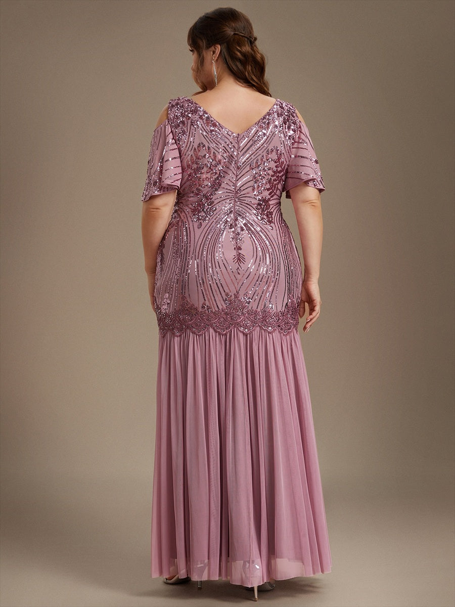 Sequins Col V Fourreau À volants Fermeture zippée au dos Sans coques, avec doublure. robe de soirée #Couleur_Orchidee