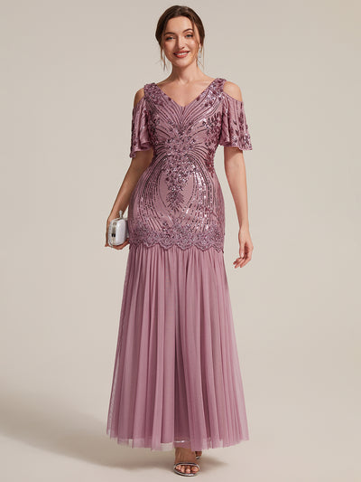 Robe de soirée longue à paillettes avec col V et épaules dénudées