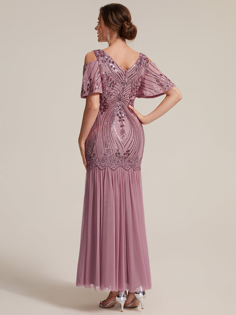 Sequins Col V Fourreau À volants Fermeture zippée au dos Sans coques, avec doublure. robe de soirée #Couleur_Orchidee