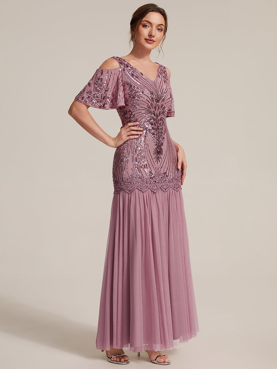 Sequins Col V Fourreau À volants Fermeture zippée au dos Sans coques, avec doublure. robe de soirée #Couleur_Orchidee