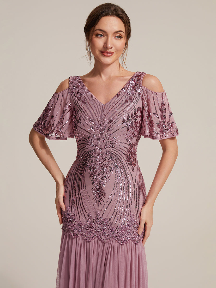 Sequins Col V Fourreau À volants Fermeture zippée au dos Sans coques, avec doublure. robe de soirée #Couleur_Orchidee