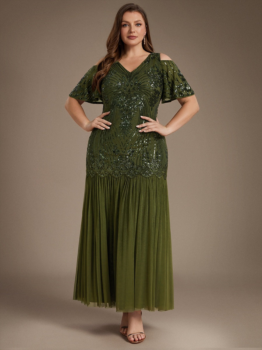 Sequins Col V Fourreau À volants Fermeture zippée au dos Sans coques, avec doublure. robe de soirée #Couleur_Vert Olive