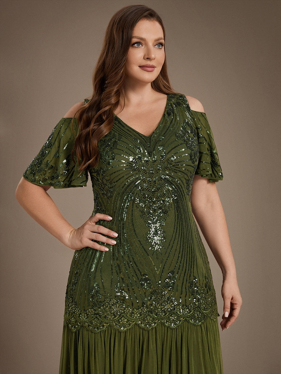 Sequins Col V Fourreau À volants Fermeture zippée au dos Sans coques, avec doublure. robe de soirée #Couleur_Vert Olive