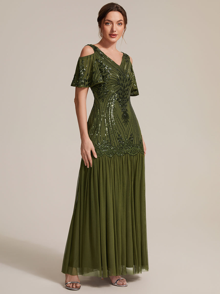 Sequins Col V Fourreau À volants Fermeture zippée au dos Sans coques, avec doublure. robe de soirée #Couleur_Vert Olive