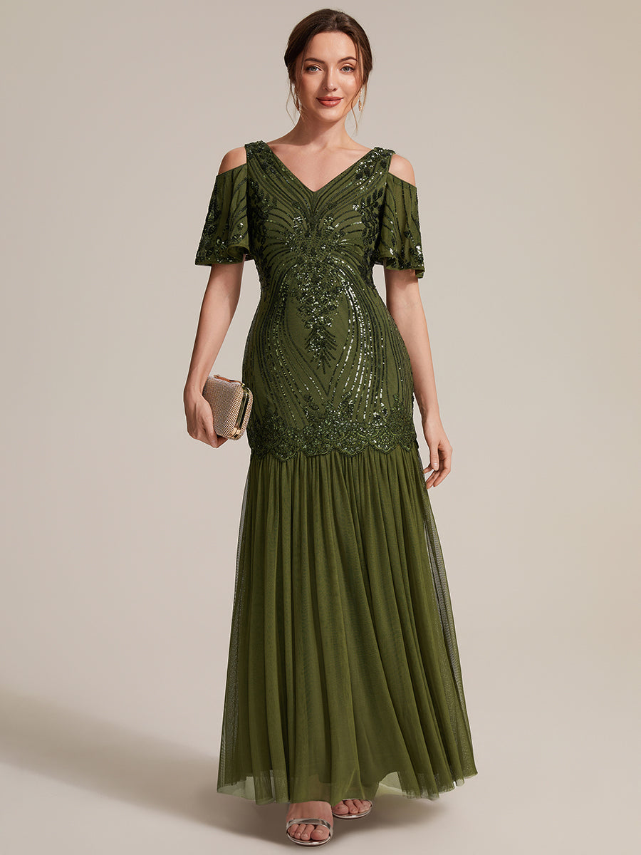 Sequins Col V Fourreau À volants Fermeture zippée au dos Sans coques, avec doublure. robe de soirée #Couleur_Vert Olive