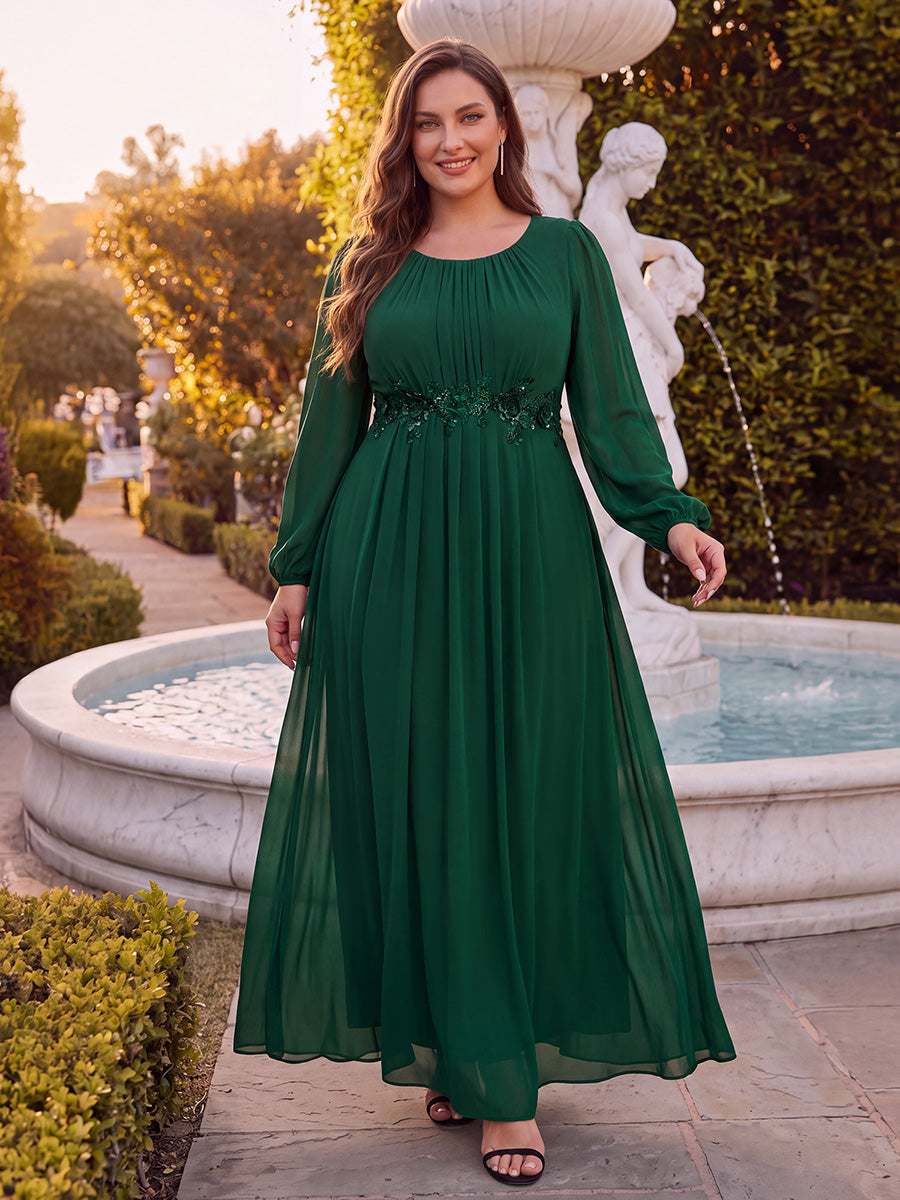 Robe maxi A ligne ¨¤ manches longues en sequins col rond #Couleur_Vert Fonce