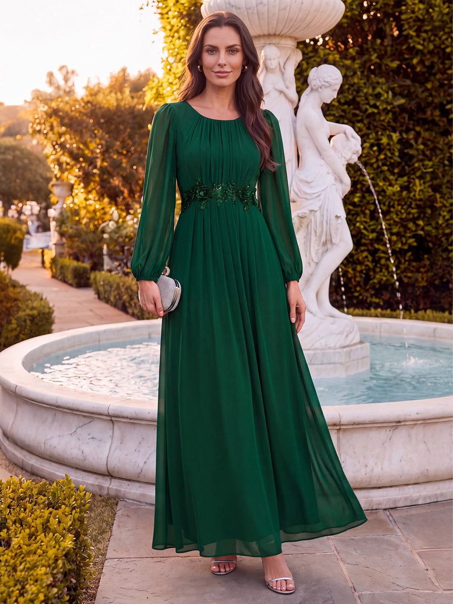 Robe maxi A ligne ¨¤ manches longues en sequins col rond #Couleur_Vert Fonce