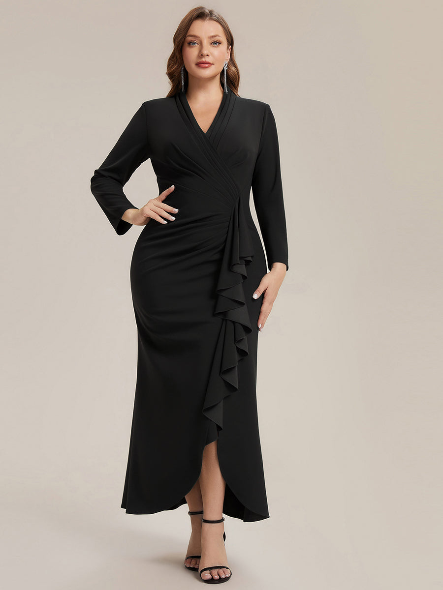 Robe moulante ¨¤ manches longues en V avec ourlet asym¨¦trique volants et fermeture ¨¦clair au dos #Couleur_Noir