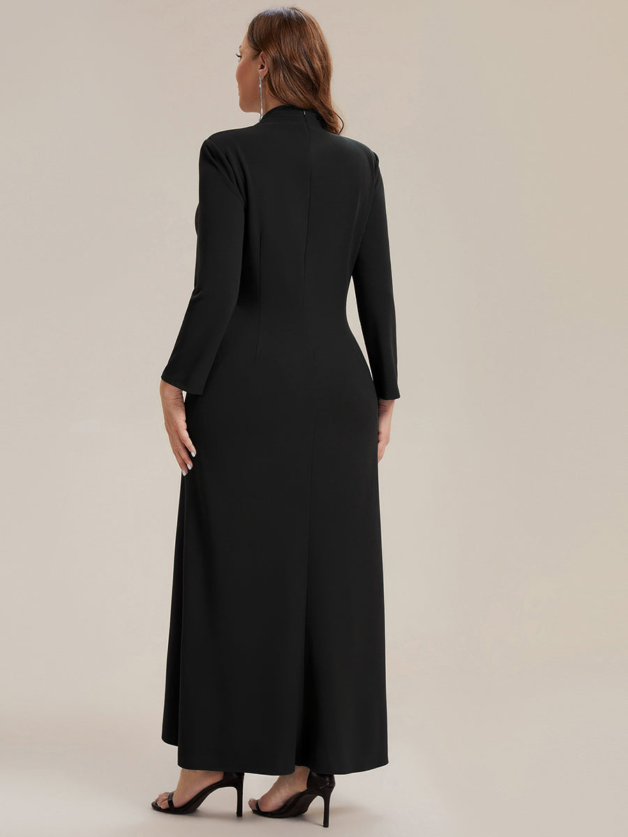 Robe moulante ¨¤ manches longues en V avec ourlet asym¨¦trique volants et fermeture ¨¦clair au dos #Couleur_Noir