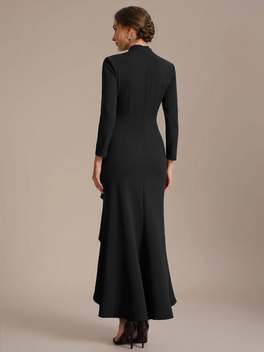 Robe moulante ¨¤ manches longues en V avec ourlet asym¨¦trique volants et fermeture ¨¦clair au dos #Couleur_Noir