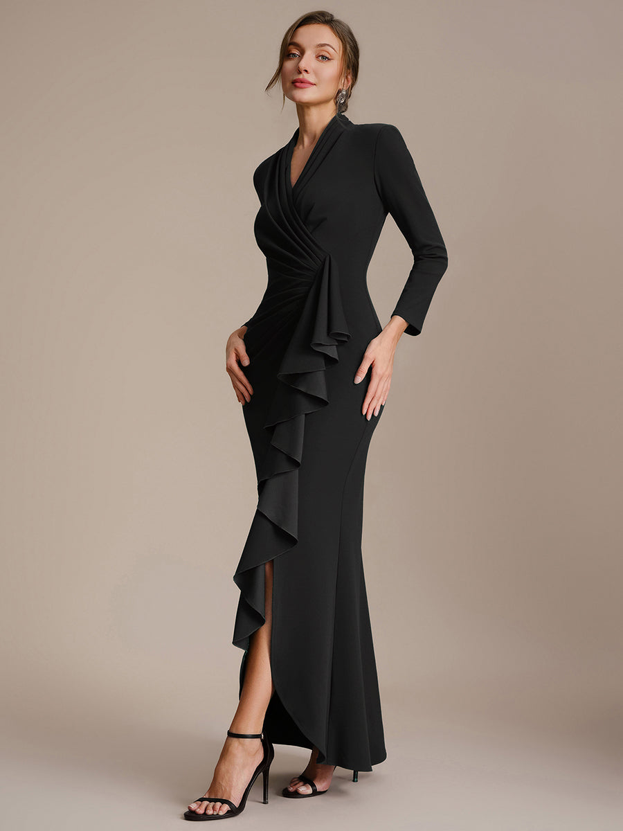 Robe moulante ¨¤ manches longues en V avec ourlet asym¨¦trique volants et fermeture ¨¦clair au dos #Couleur_Noir