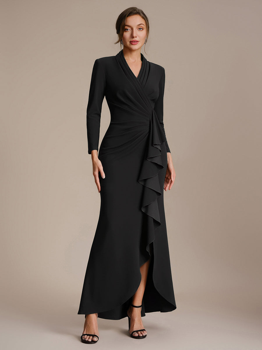 Robe moulante ¨¤ manches longues en V avec ourlet asym¨¦trique volants et fermeture ¨¦clair au dos #Couleur_Noir