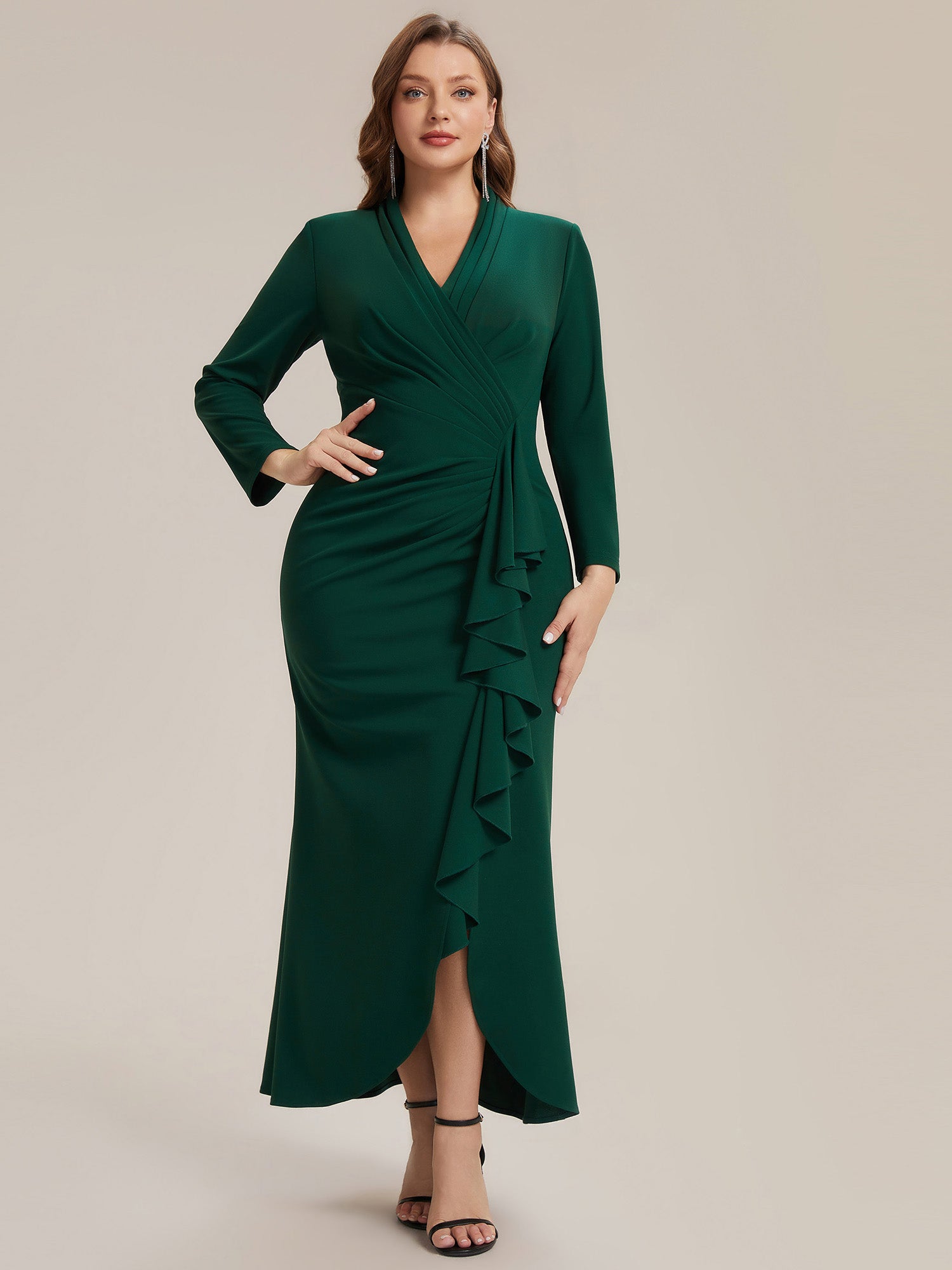 Robe moulante ¨¤ manches longues en V avec ourlet asym¨¦trique volants et fermeture ¨¦clair au dos #Couleur_Vert Fonce